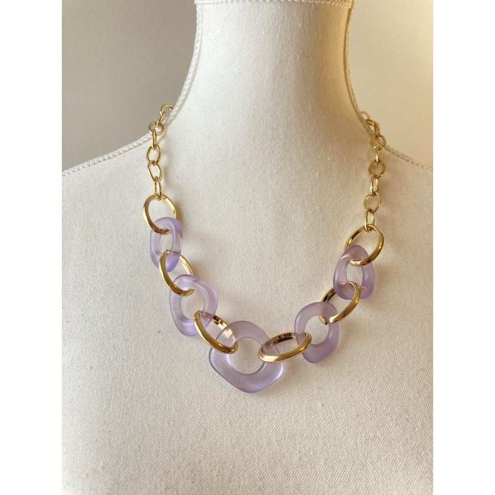 Romantic Link Necklace In Gold Tones & Lilac Purple Acrylic Feminine Chunky